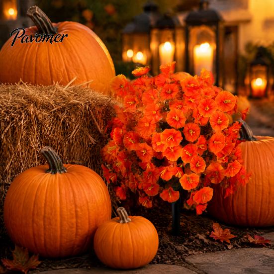 Durable Plastic Fall Foliage Artificial Autumn Flowers Bouquet, Maple Leaf/Morning Glory/Camellia Eucalyptus Ground Stake, Waterproof Harvest