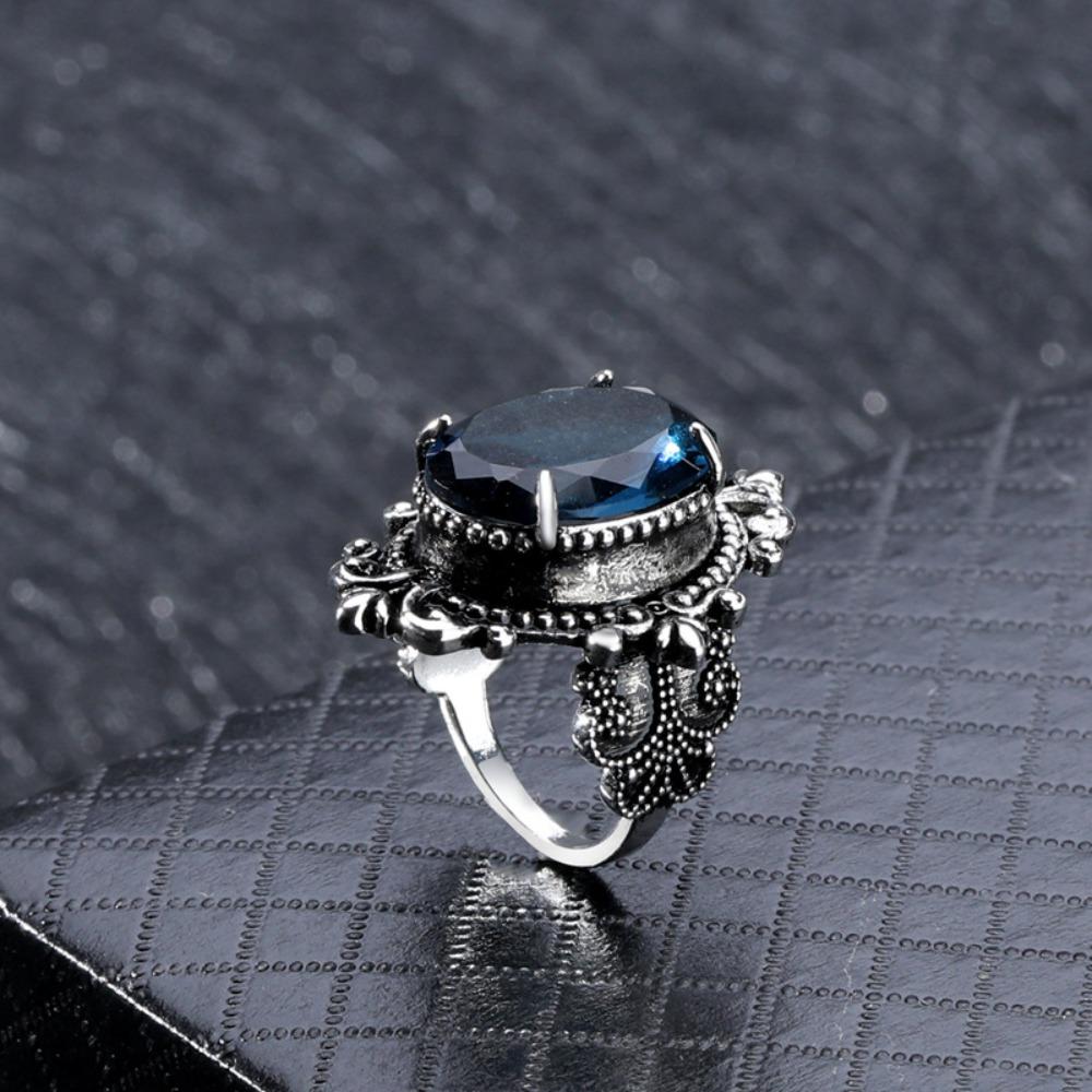 Vintage 925 Sterling Silver Oval Blue Topaz Ring for Women Elegant European Style Jewelry