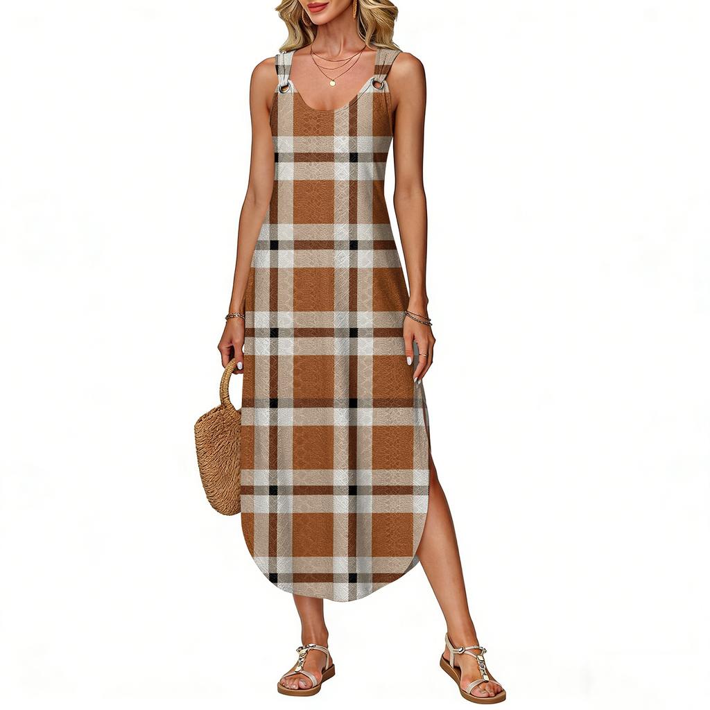 Women's Summer Long Dress, Sleeveless with Side Slits, Long Plaid Printed Vest Dress