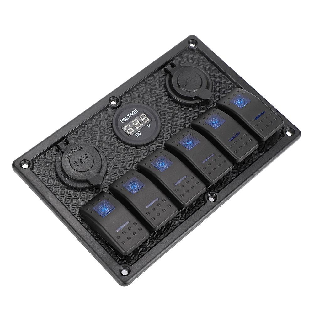 12V‑24V 6 Gang Rocker Switch Panel with Cigarette Lighter Socket 2 USB Voltmeter Display for Car Boat Truck RV