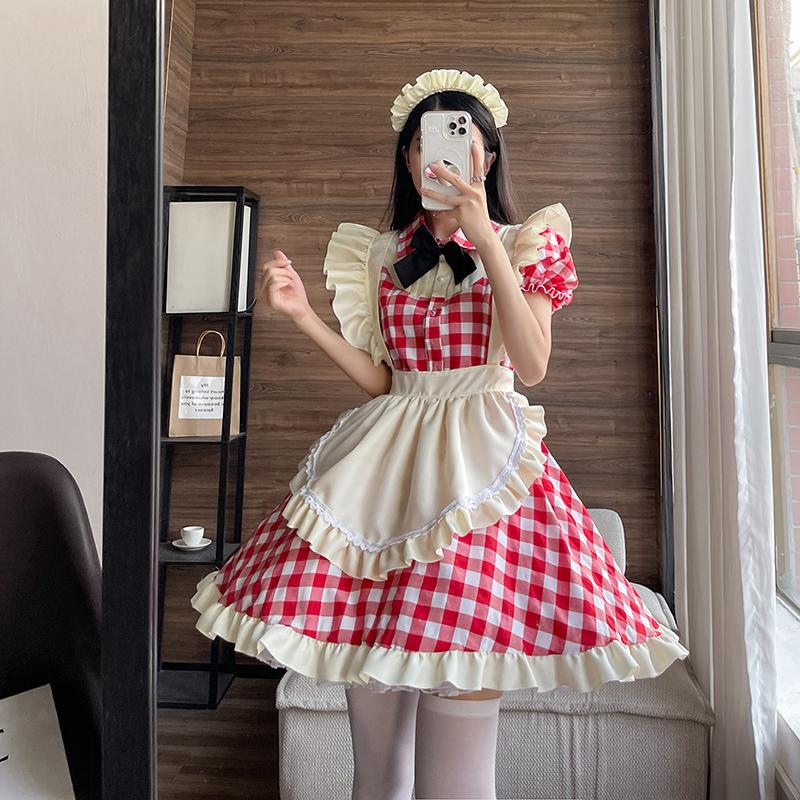 Japanese Cute Style Lolita Maid Dress Sexy Cosplay Maid Uniform Dress Black And Red Plus Size