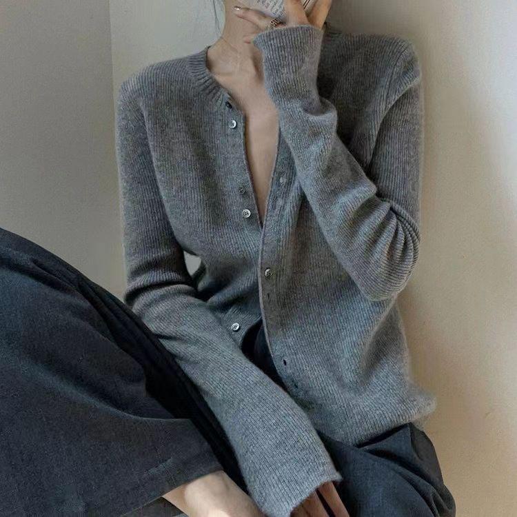 Women's Slim-Fit Ribbed Wool Cardigan – Versatile Autumn/Winter Knit Top
