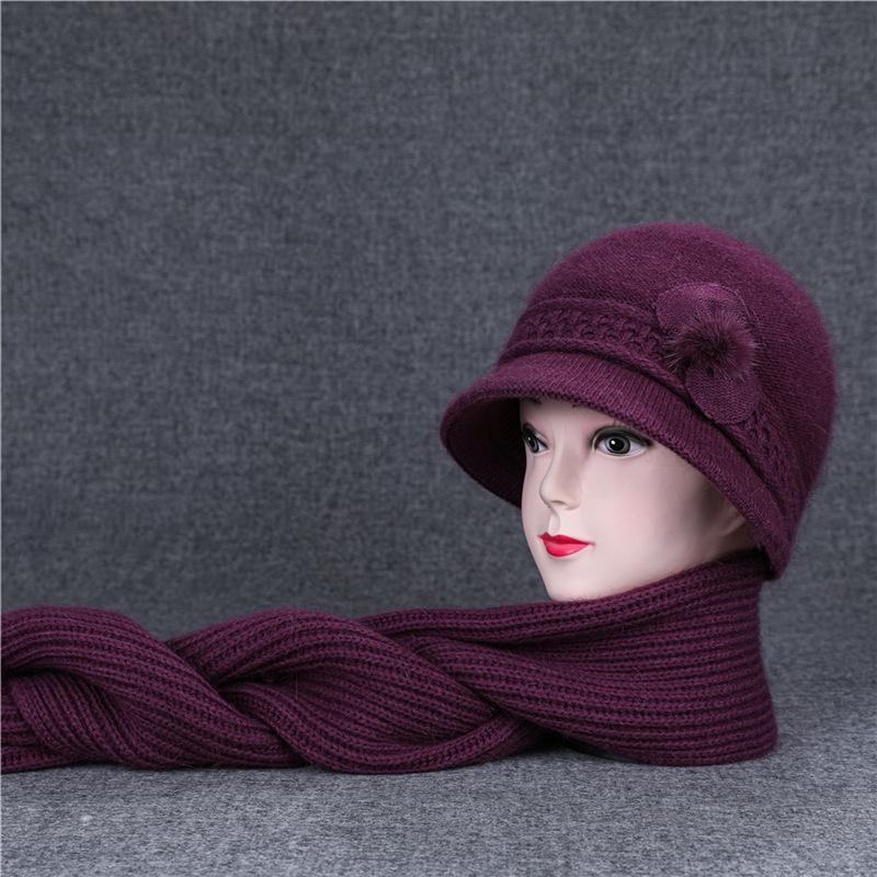 Ji Middle-Aged And Elderly Women'S Basin Hat Grandma Knitted Wool Hat Old Man Hat Rabbit Fur Flower Mother Hat Scarf
