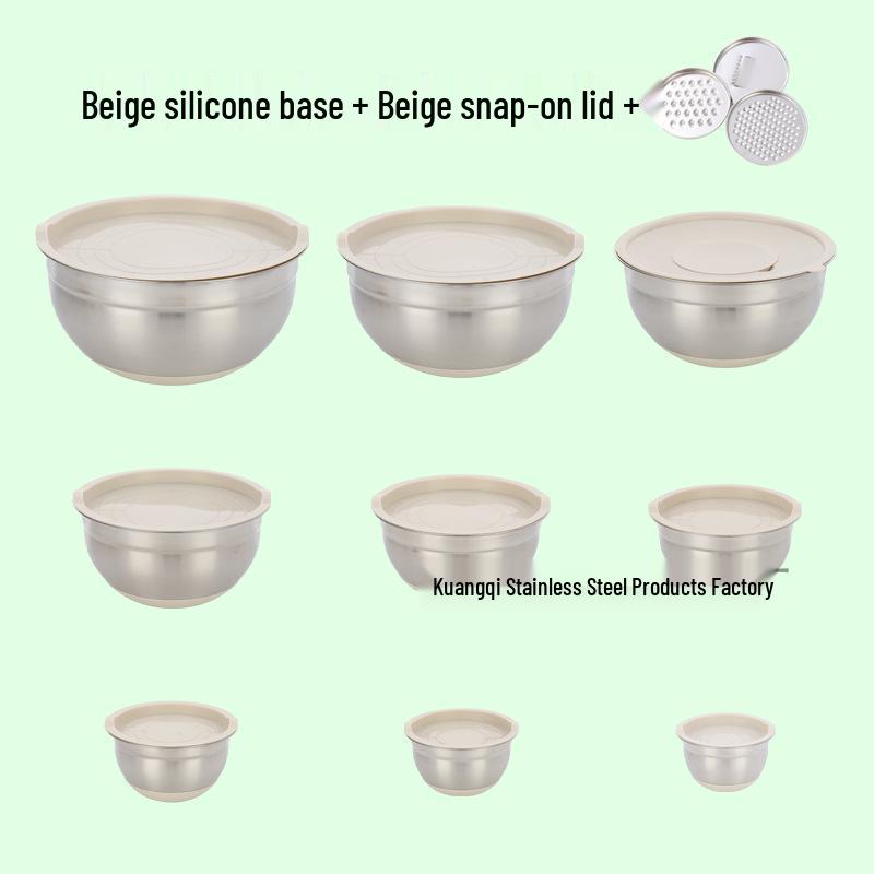 American-Style Silicone-Lidded Salad Bowl Set - Stainless Steel, Multi-purpose for Cooking, Baking, and Egg Beating.