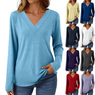 Damska codzienna moda szczotkowana jednolity kolor długi rękaw dekolt w serek top T-shirt