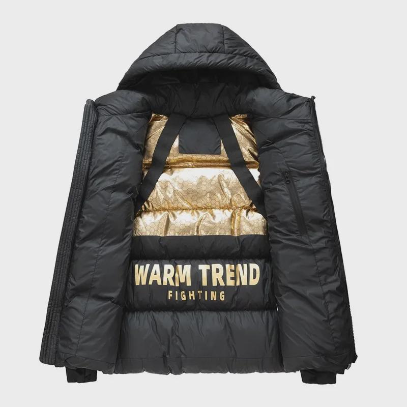 Schwarz & Gold Unisex Weiße Daunen Kapuzenjacke: Winddicht, Warm, Lässig & Stilvoll für den Winter.