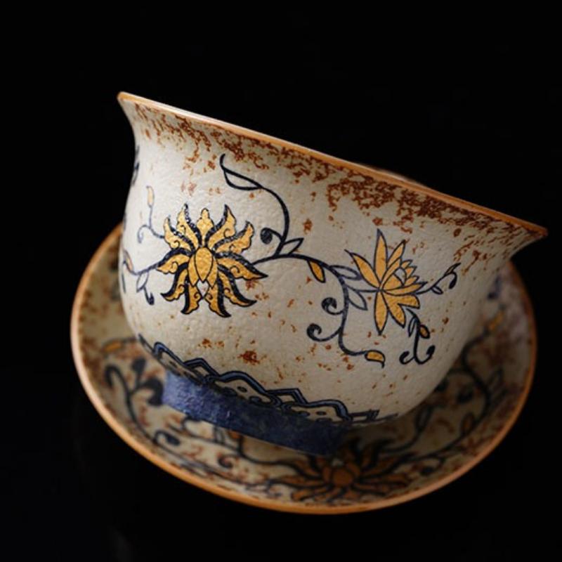 Blue and White Flint Red Lidded Tea Bowl, Ceramic Home/Office Tea Set, Personal Tea Drinking Gongfu Teaware with Hovering Lid.