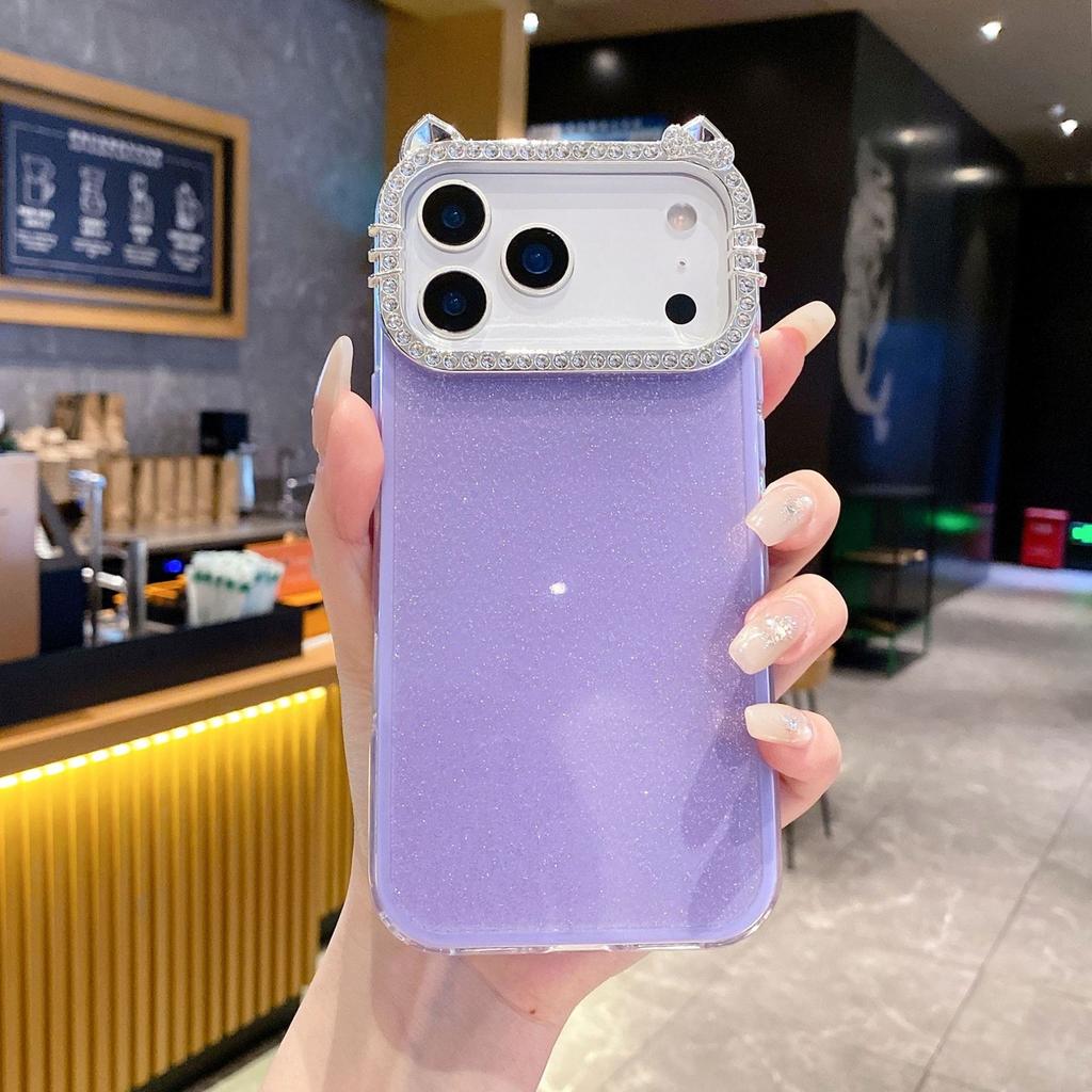Korean and Japanese Style Solid Color Glitter Case Compatible with iPhone 16 Pro Max Phone Case Apple 17 Rhinestone Lens Case 14/15