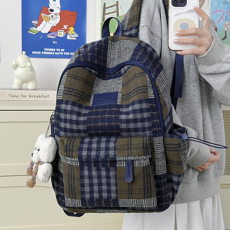 Sac à dos à carreaux rétro pour femme Sac d'école pour étudiant