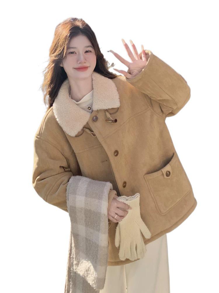 2025 Winter Women's Khaki Shearling Coat - Korean Style, Fleece-Lined, Thick Imitation Lamb's Wool