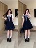 Plus Size Women's Two-Piece Style College Dress with Short Sleeves and Pleated Skirt