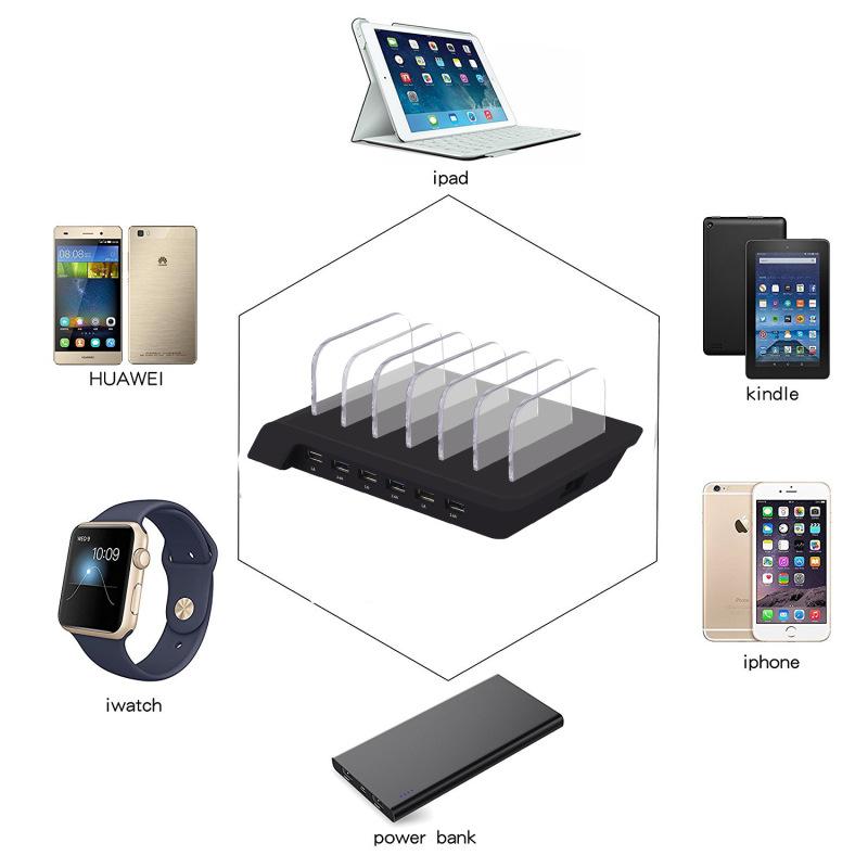 USB-Ladestation, 6-Port-Universal-Desktop-Dockingstation mit abnehmbaren Leitblechen, Ständer-Organizer