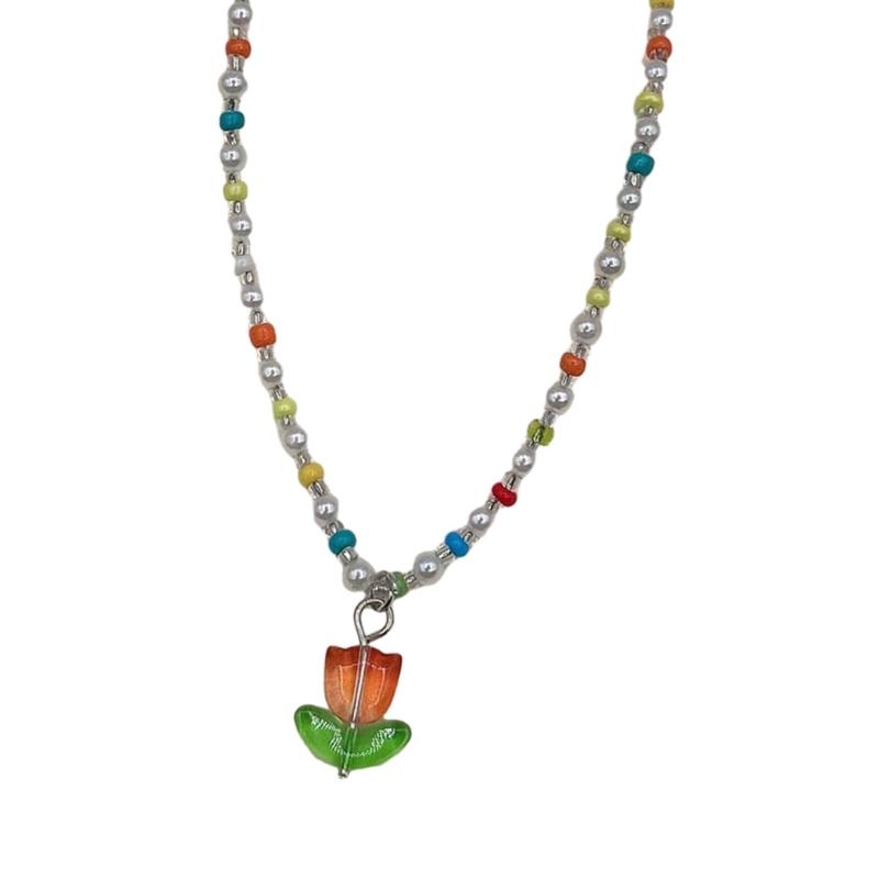 Сладкая Бохо Короткая Цепочка-Чокер Разноцветное Бусинное Ожерелье для Женщин Ожерелье-Чокер с Подвеской-Тюльпаном Бусинный Чокер Подарок оранжевый