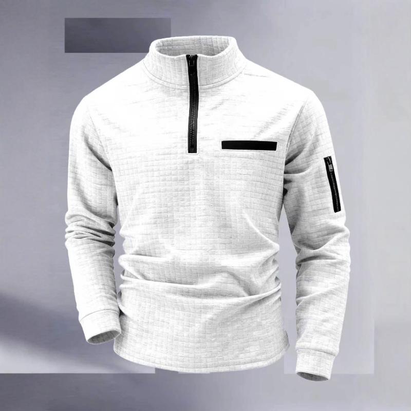 Men's Waffle Knit Quarter Zip Pullover Casual Stand Collar Long Sleeve Top With Zipper Pockets For Daily Wear