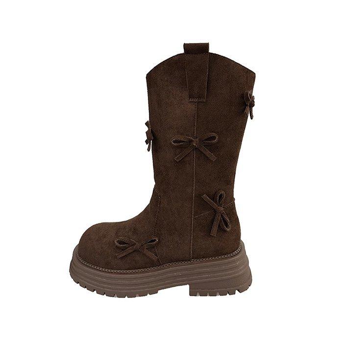 Retro Leather Bow Western Boots Women's 2025 Autumn New V-mouth Thick-soled Heightening Casual Versatile Stacking Boots