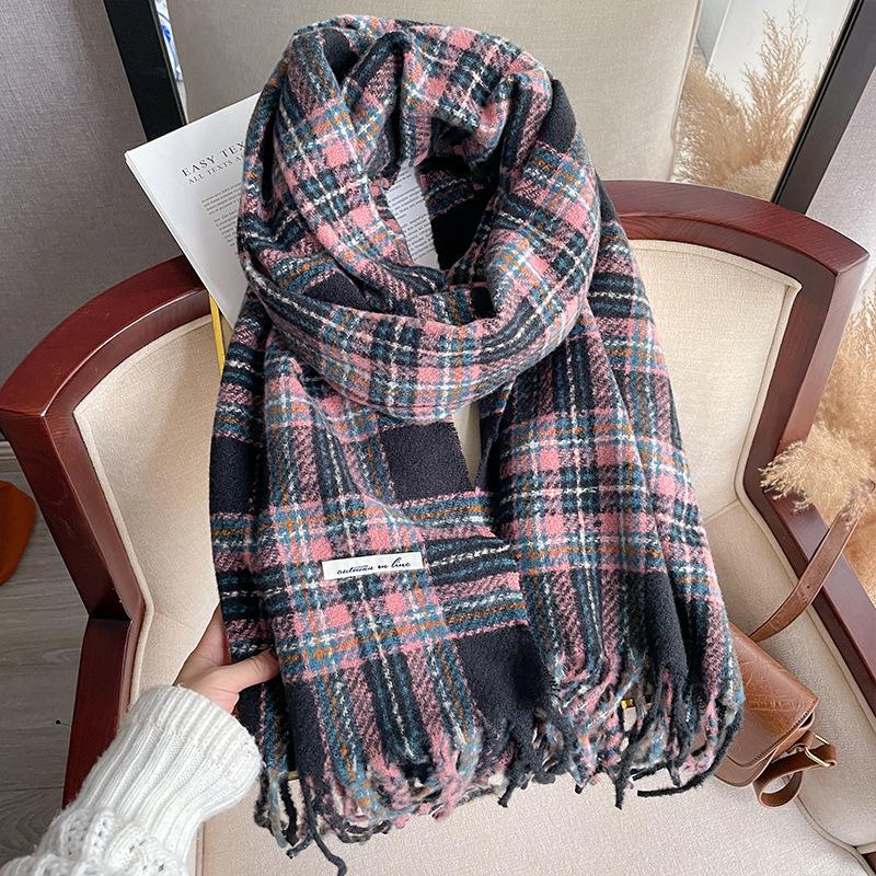 Green scarf women's autumn and winter versatile imitation cashmere thickened plaid shawl to keep warm students dual-purpose scarf men