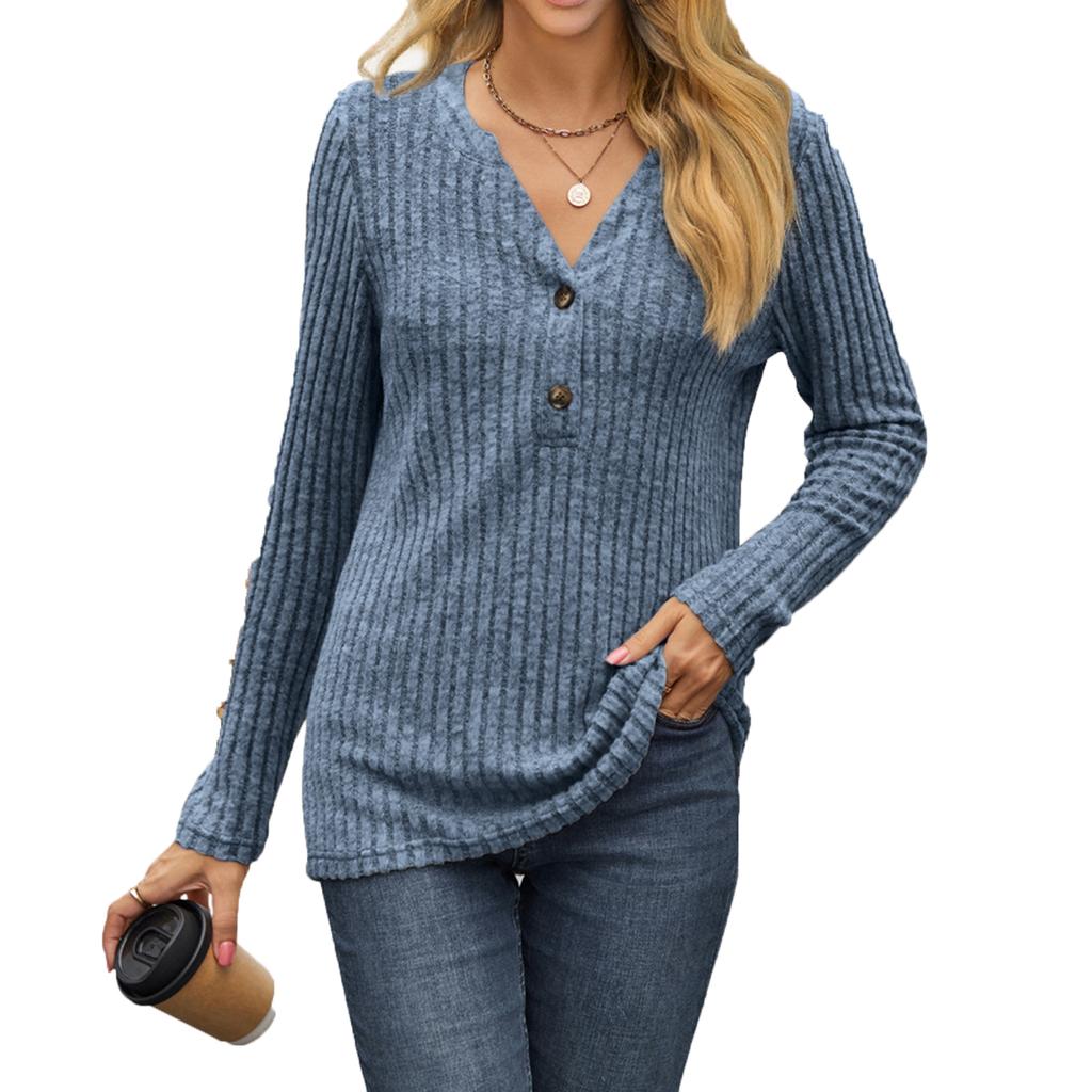 Women's Fashionable Casual V-neck Button Long-sleeved Top