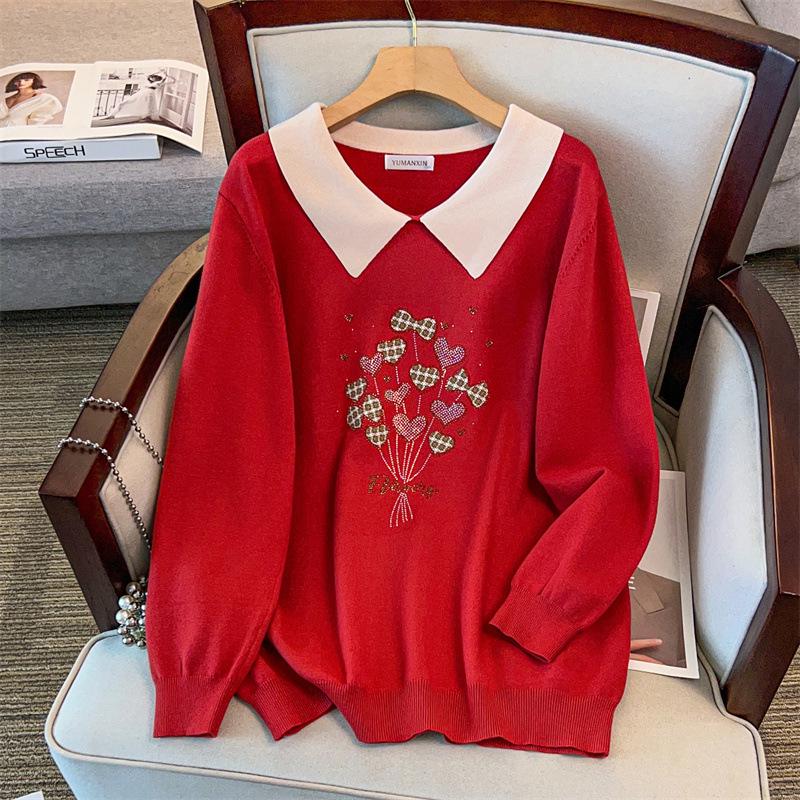 Plus Size Women's Winter Lapel Top - Slimming Long Sleeve Sweater Knitwear for Curvy Girls 200/300 Jin 8026