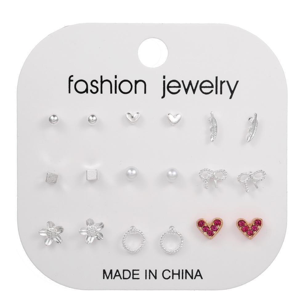 Versatile geometric love stud earrings set, women's high sense 9-piece set, European and American new ins exquisite fashion earrings