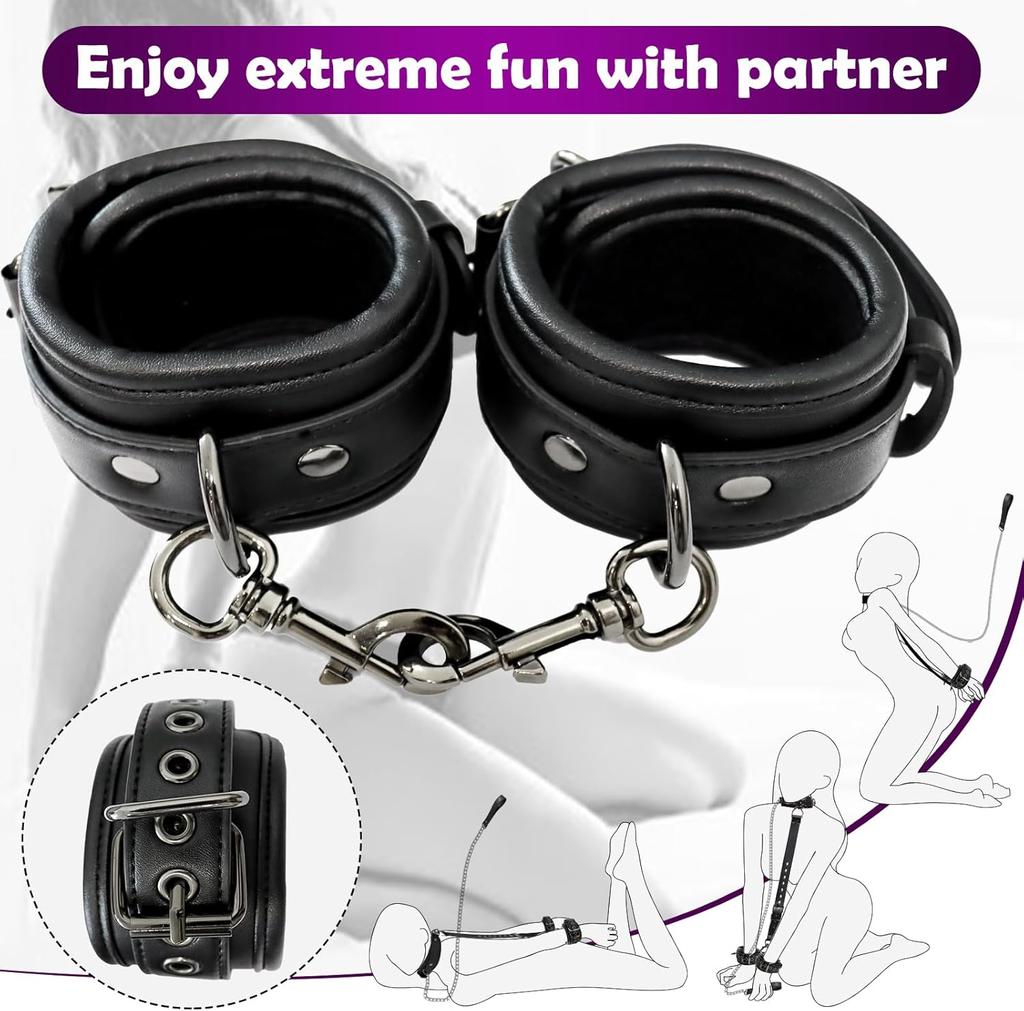 BDSM Bondage Restraints Set Couples Sex Toy Neck Wrist Restraints Kit with Traction Chain Back Handcuffs Collar Adjustable Bondage Gear Accessories
