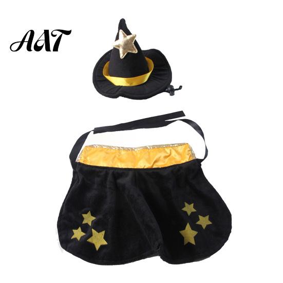 Festive Pet Cloak And Hat Set 1 Halloween Cat Witch Costume, Black Cape Wizard Hat, Moon Adjustable Star Pointed for Cats Small Medium