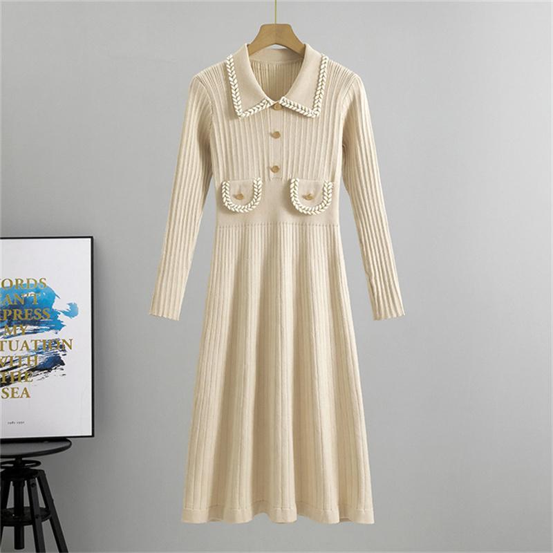 Spring Small Fragrant Style Lapel Knitted Long Dress Elegant And Slimming Dress For Women