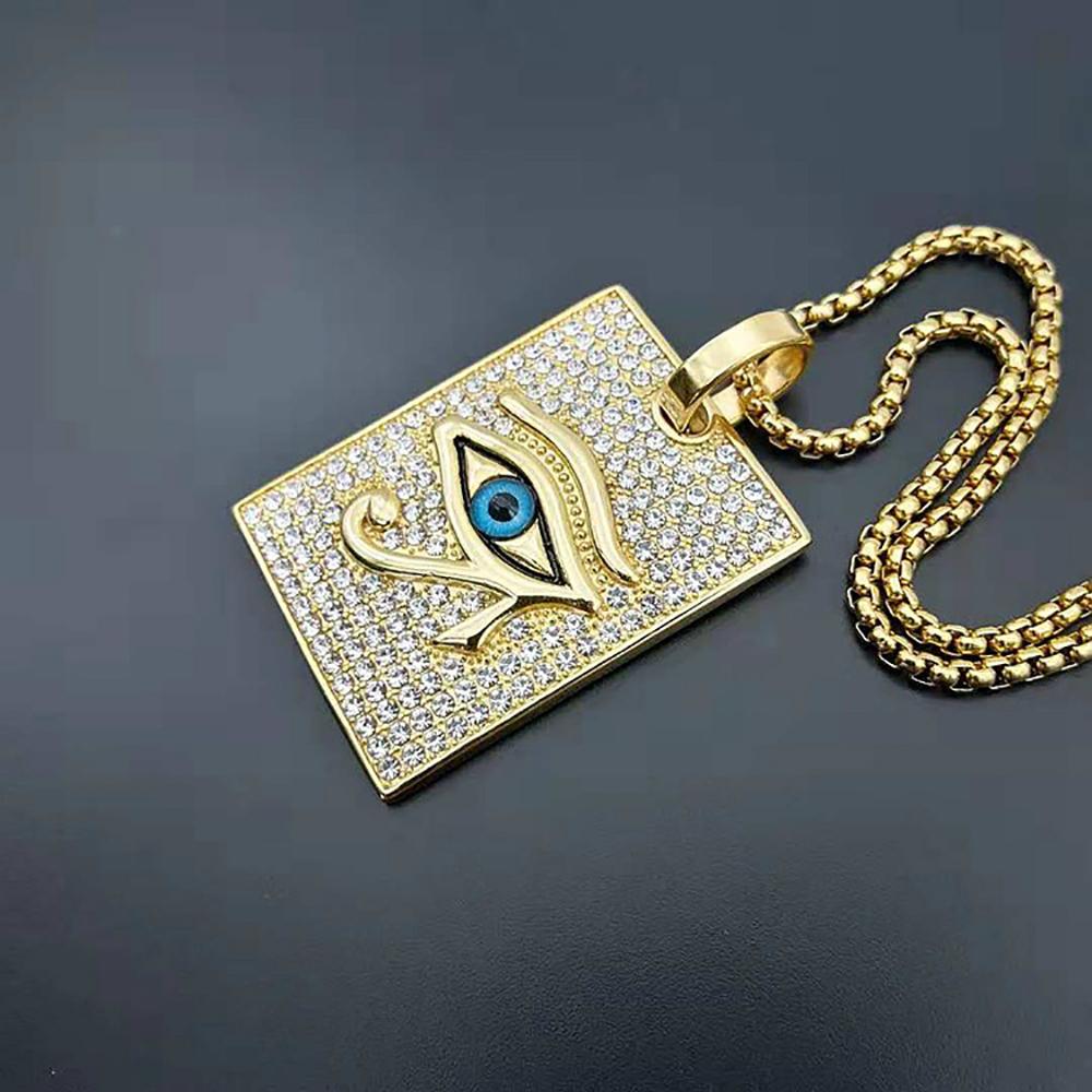 Egypt Iced Out Bling Oko Hórovo Přívěsek Zlatá Barva Nerezová Ocel Velký Čtvercový Náhrdelník pro Muže Egyptské Šperky Pánský Dárek 2025