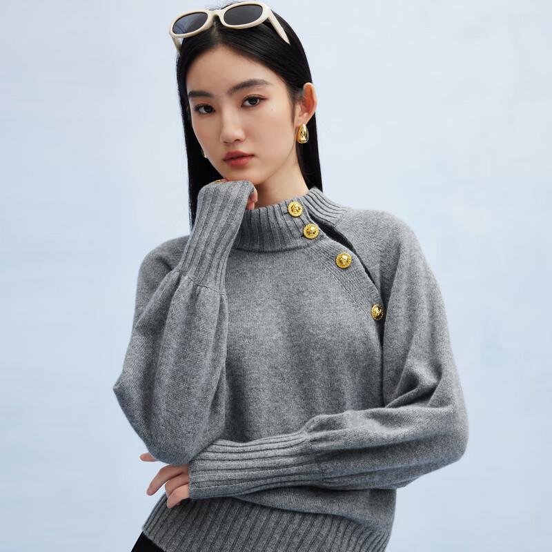 PALUOPO Women's 7-Gauge Pure Cashmere Semi-High Neck Lantern Sleeve Sweater