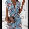 Fashion Women's Summer V Neck Casual Fashion Printed Pullover Short Sleeve  Dress