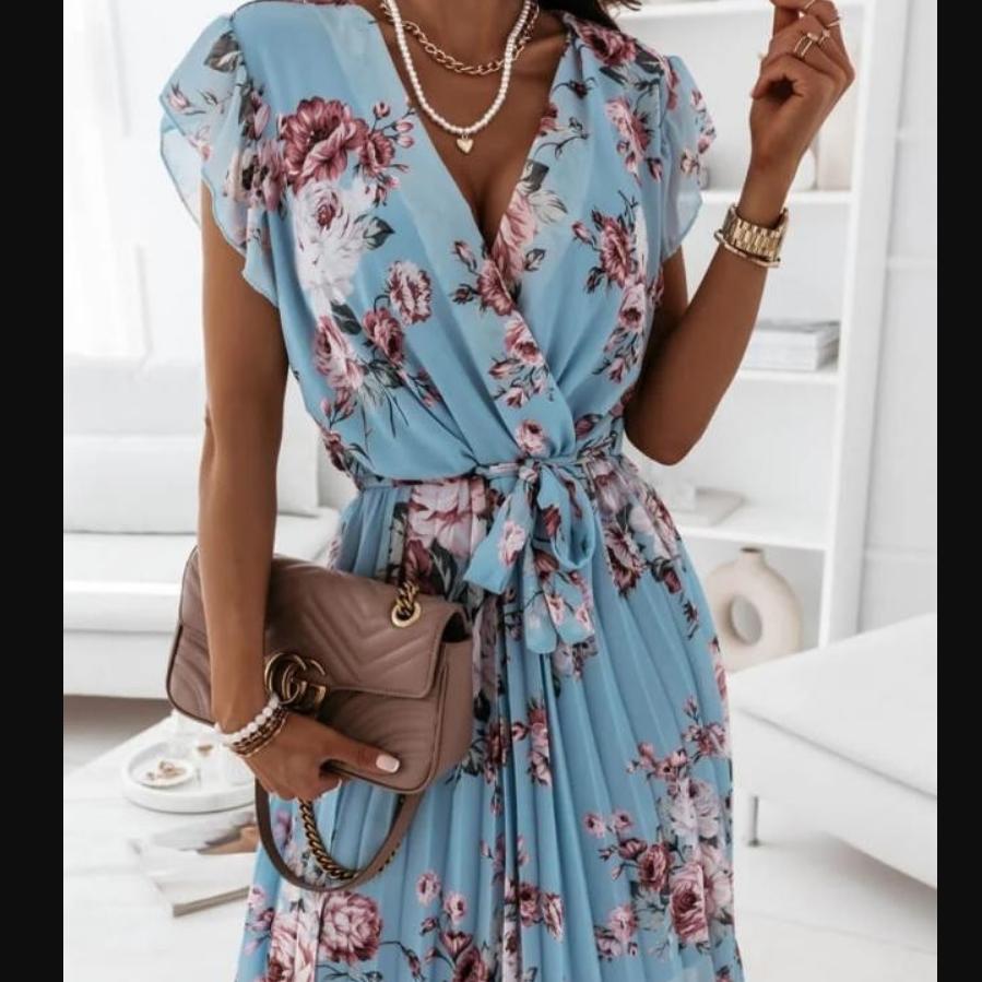 Fashion Women's Summer V Neck Casual Fashion Printed Pullover Short Sleeve  Dress
