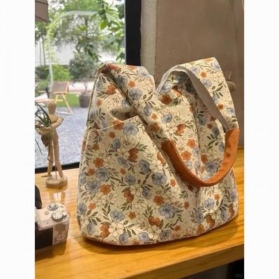 Korean Checkerboard Floral Canvas Tote: Sweet, Versatile, Large-Capacity, Single Shoulder Bag