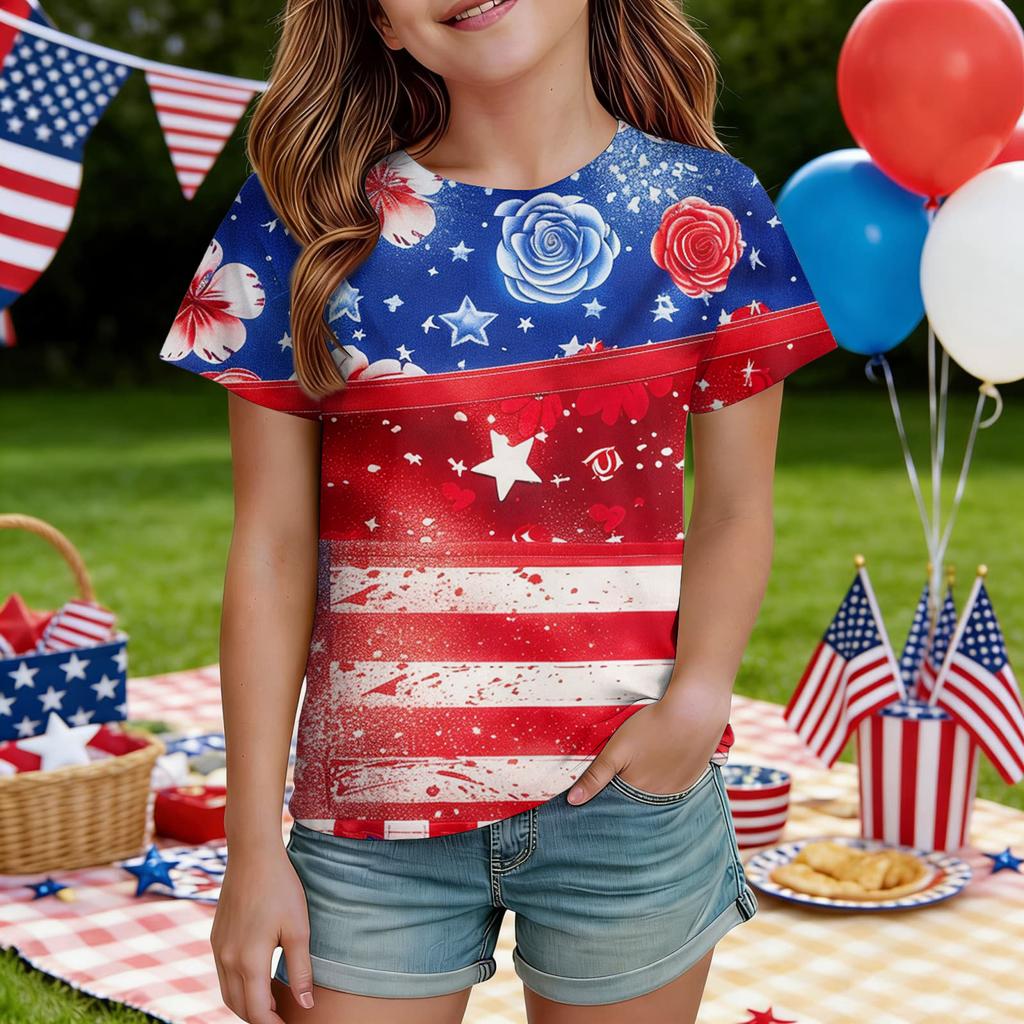 Kids Independence Day Print Round Neck Short Sleeve Casual T-shirt