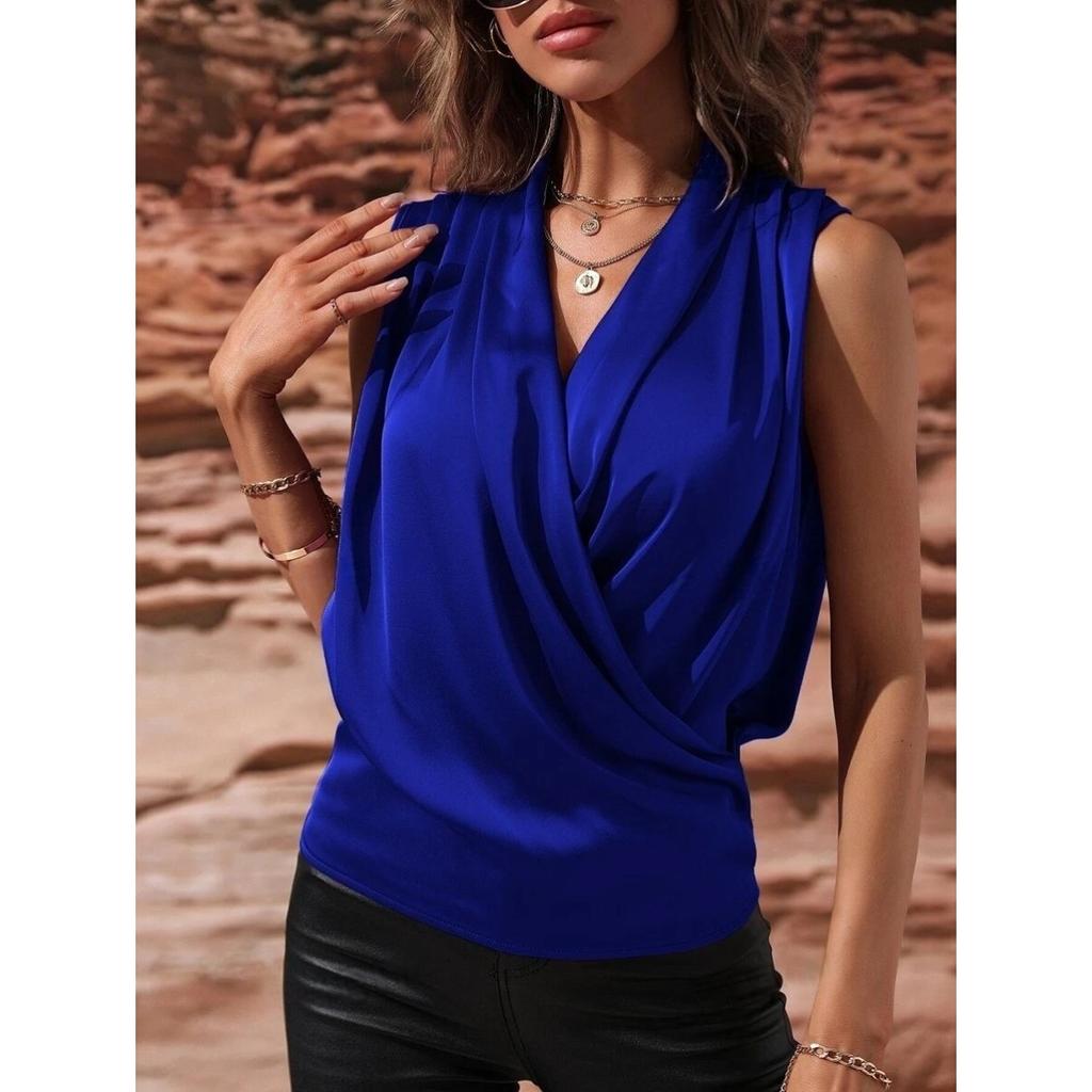 Women's Spring and Summer Sleeveless Satin Shirt Pleated Vest New Sexy Shirt