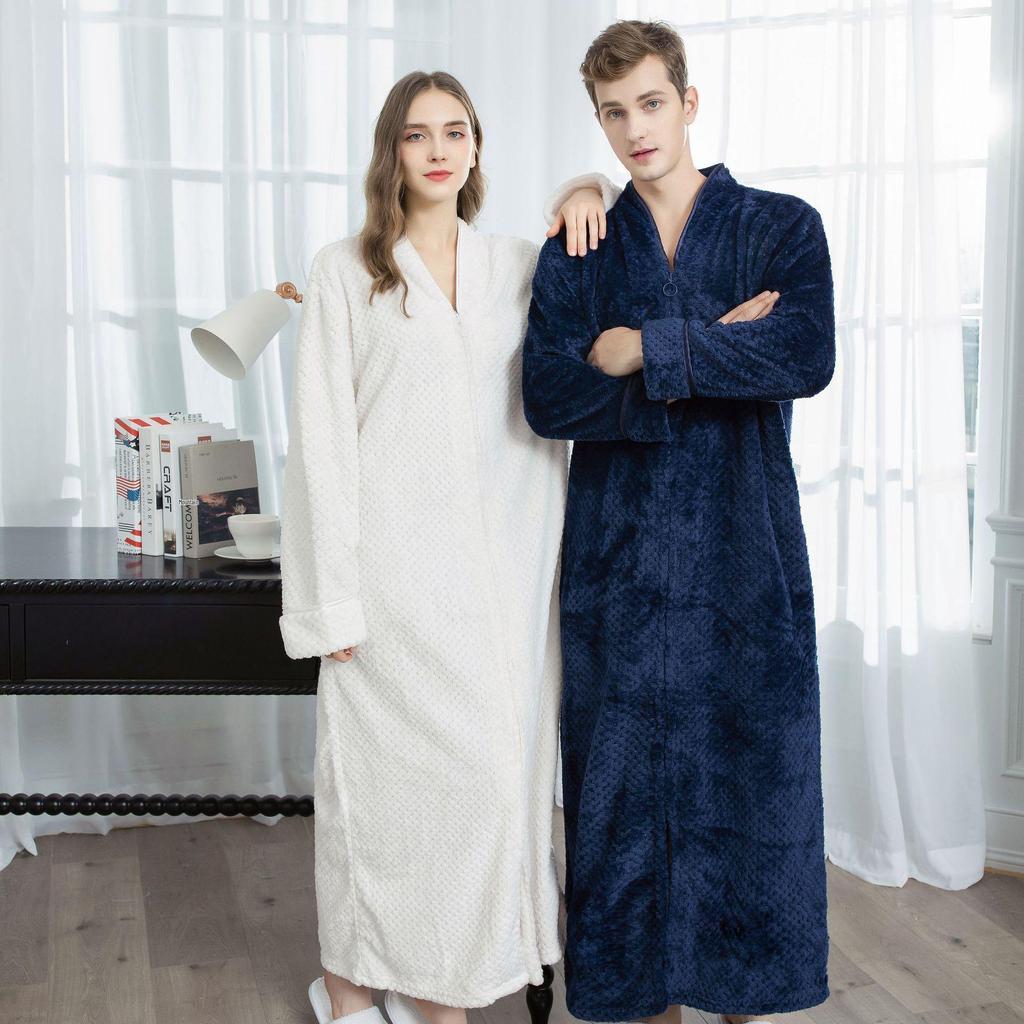 Unisex Extra Long Velvet Bathrobe - Plus Size, Thick, Warm Coral Fleece for Autumn & Winter, Maternity-Friendly Homewear