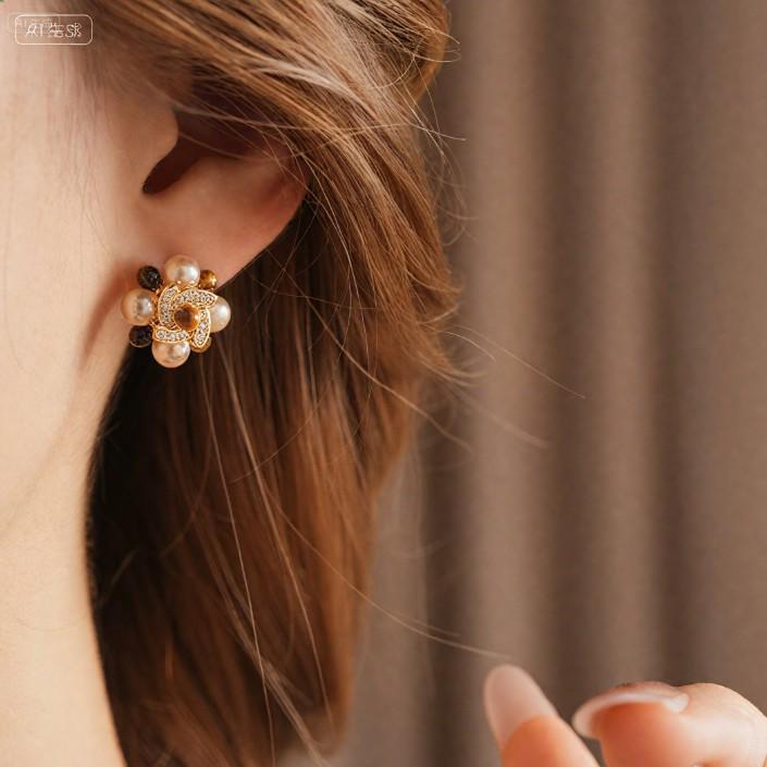 Silbernadel Perle & Tigerauge Blumenohrstecker | Retro High-End Luxus Ohrstecker