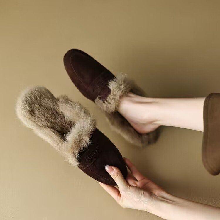Women's 2025 Autumn/Winter Flat Suede Velvet Furry Mule Slippers