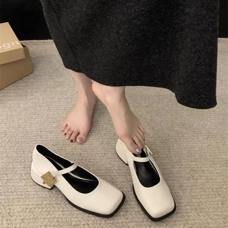 New Women Fashion Square Toe Close Toe Ankel Strap Mules Ladies Elegant Mary Jane Ballet Shoes Mid Heel Dress Pumps