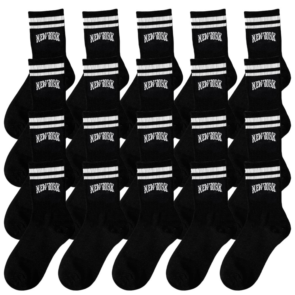 3/5/10 Paar Damen Crew-Socken, Schwarz mit Schriftzug "New York" und Streifen, Bequem, Atmungsaktiv, Feuchtigkeitstransportierend, College