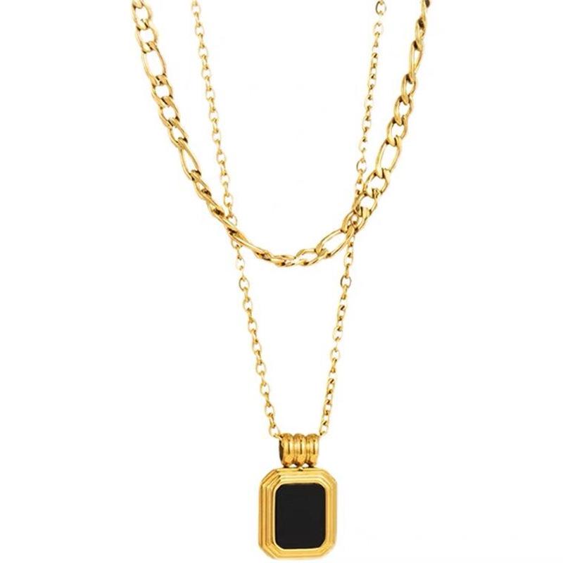 Double Layer Black Square Pendant Gold Necklace - Stackable Clavicle Chain Choker for Women