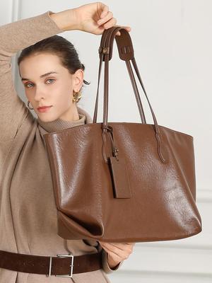 Borsa a Tote da Donna in Pelle conciata al Vegetale Premium - Grande Capacità, Alta Qualità, Borsa a Spalla Singola, Edizione Pendolare 2025.