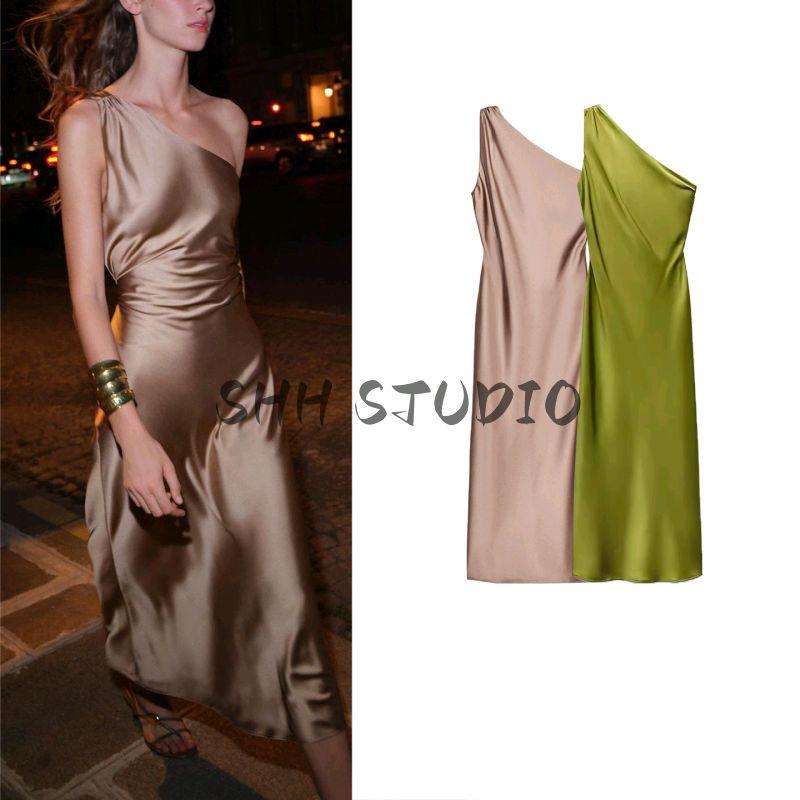 Autumn New Women Clothes Holiday Style Asymmetric Collar Silk Satin Texture Long Dress 2157241 8372074
