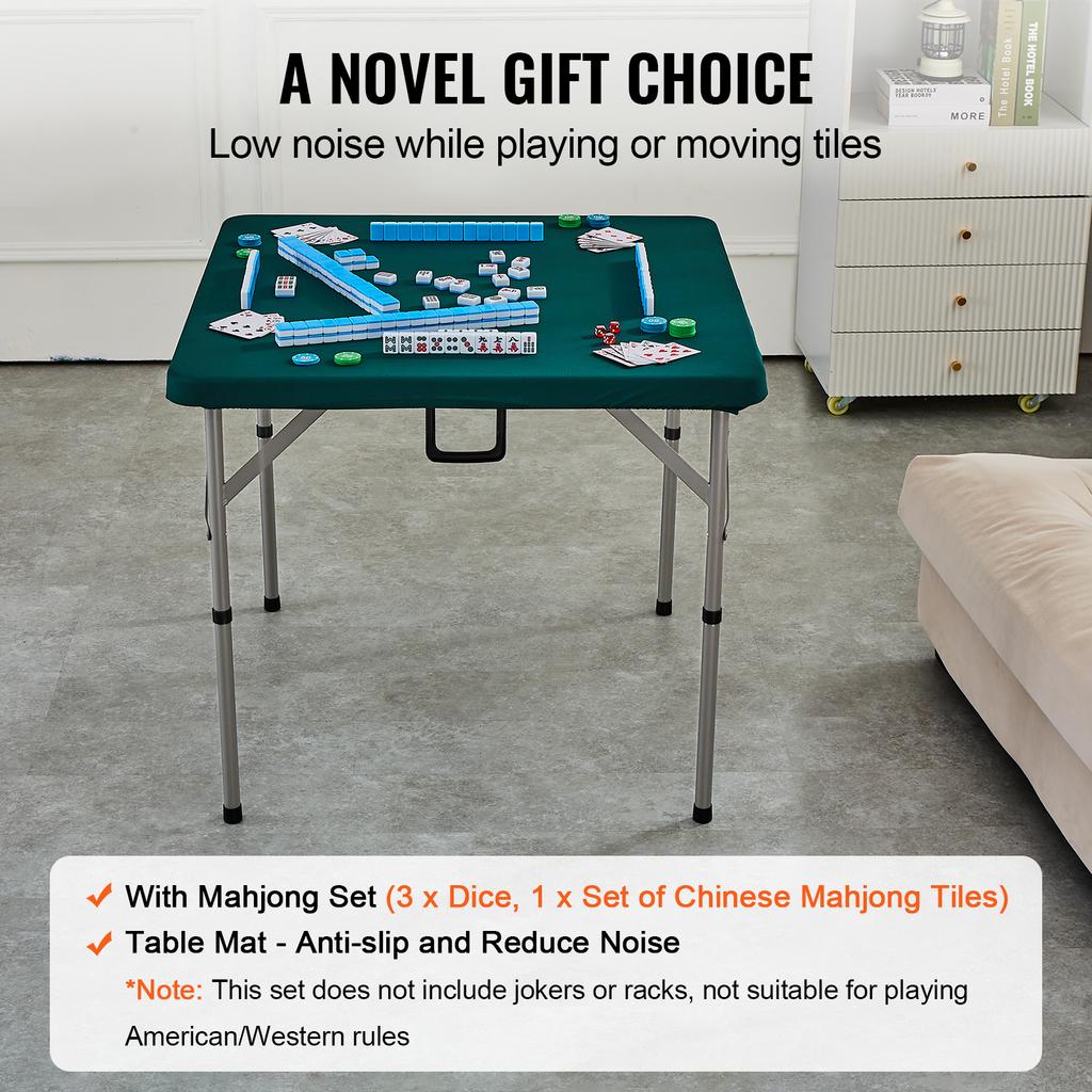 VEVOR Fold-in-Half 4 Player Card Table with 144PCS Majiang Tiles and 3 Dice with Wear-Resistant Green Tabletop & Carrying Handle