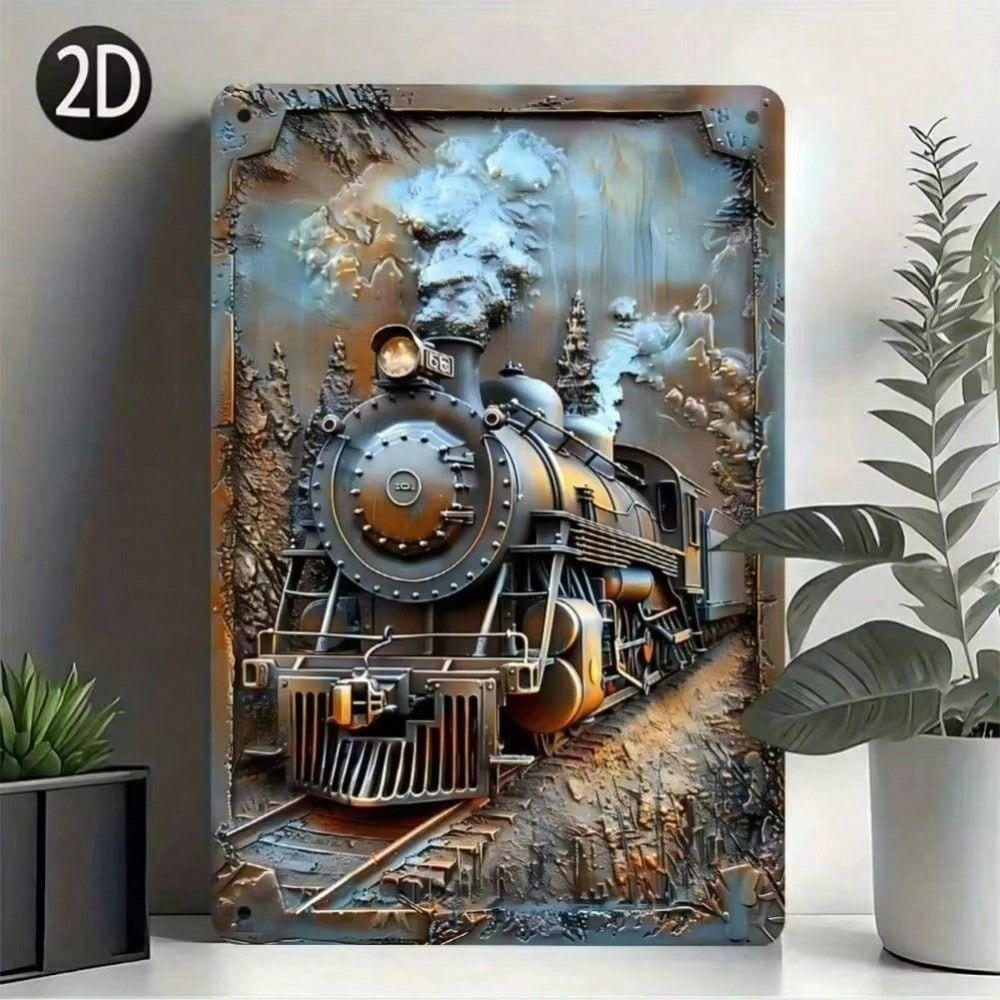 Vintage Metal Train Poster Wall Art Retro Steam Locomotive Sign for Bar Cafe Decor