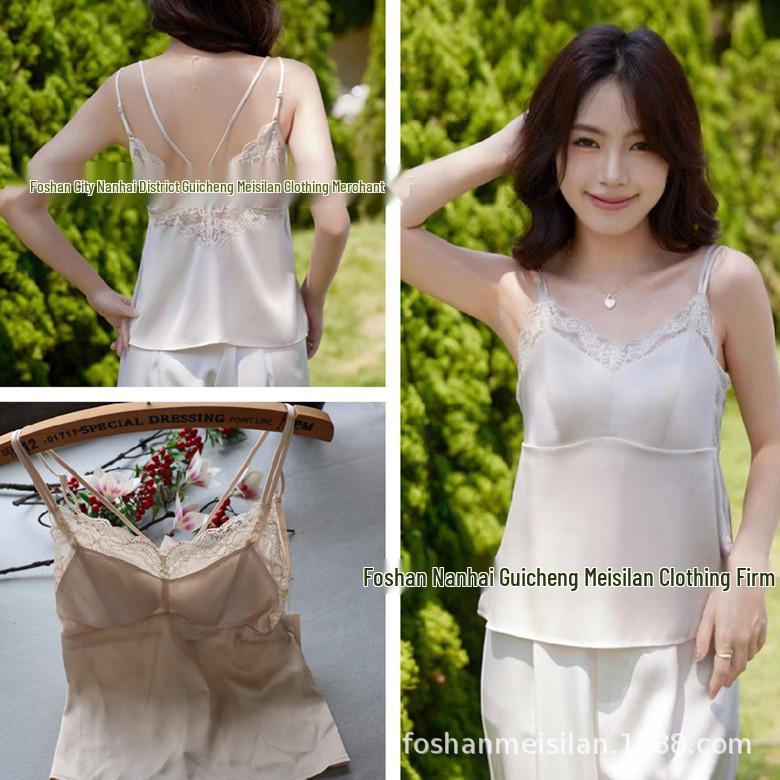 Liwei French Lace Patchwork Ice Silk Camisole with Wireless Support and Chest Pads XXL