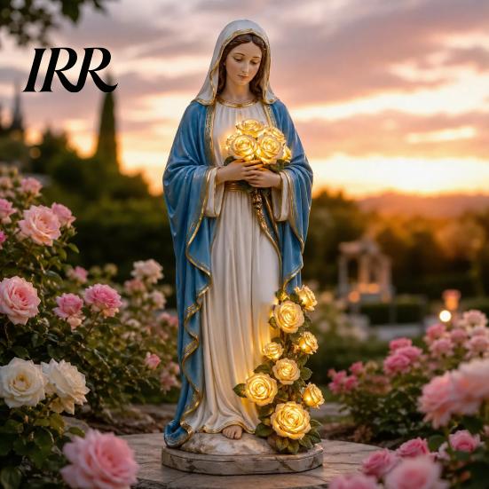 Decoración Cristiana para Jardín Resistente a la Intemperie Virgen María Luz, Estatua para Exteriores con Rosa Brillante LED, Figura Lámpara Madre Bendita Suave Brillo Dorado para