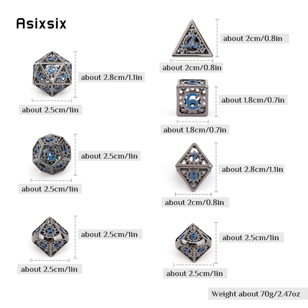 7 Pcs  Black Blue Gear Wheel Metal Dice Hollow Metal Polyhedral Dice Set Suitable for Role-Playing RPG  Board Game Card Game