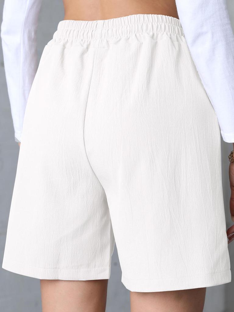 Pantaloni scurți din in cu talie înaltă și picior larg pentru femei 2025 - Culoare solidă, Mărimi mari, Croială lejeră cu buzunare