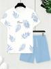 Men's Casual Suit, Summer Leaf Print Design, Beach T-Shirt + Shorts Set, Suitable For Outdoor Leisure, Pool Party, Comfortable Breathable