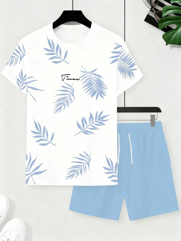 Men's Casual Suit, Summer Leaf Print Design, Beach T-Shirt + Shorts Set, Suitable For Outdoor Leisure, Pool Party, Comfortable Breathable