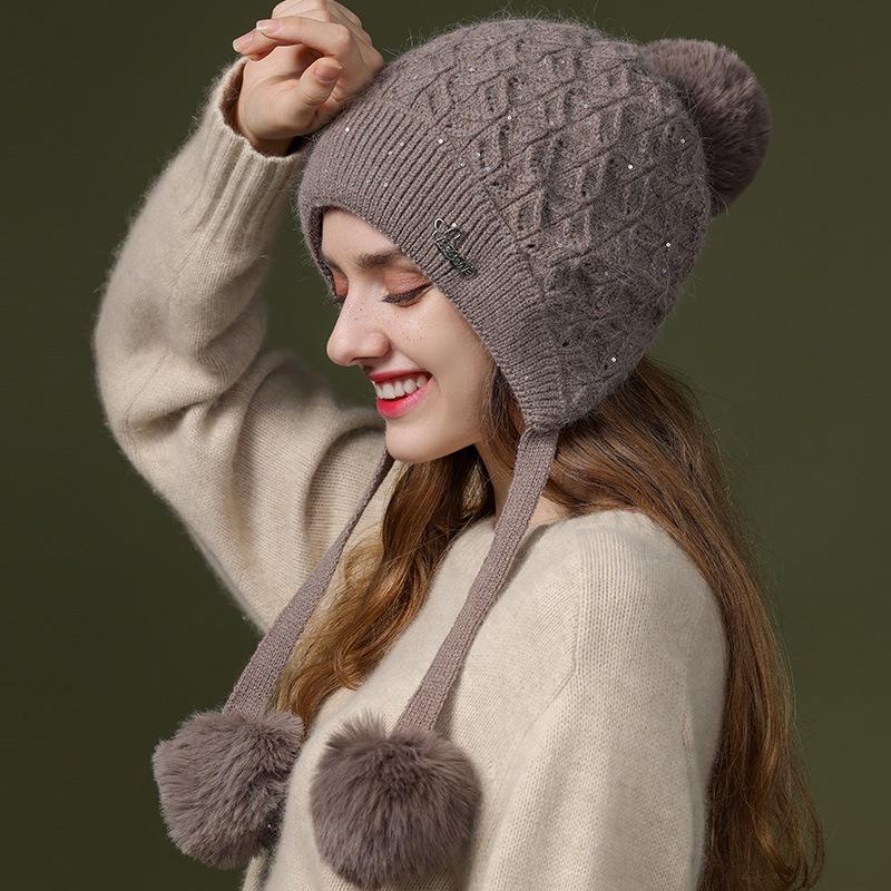 Cute Knitted Hat Thickened Cold-proof and Warm Rabbit Hair Pullover Hat Autumn and Winter Ear Protection Wool Hat